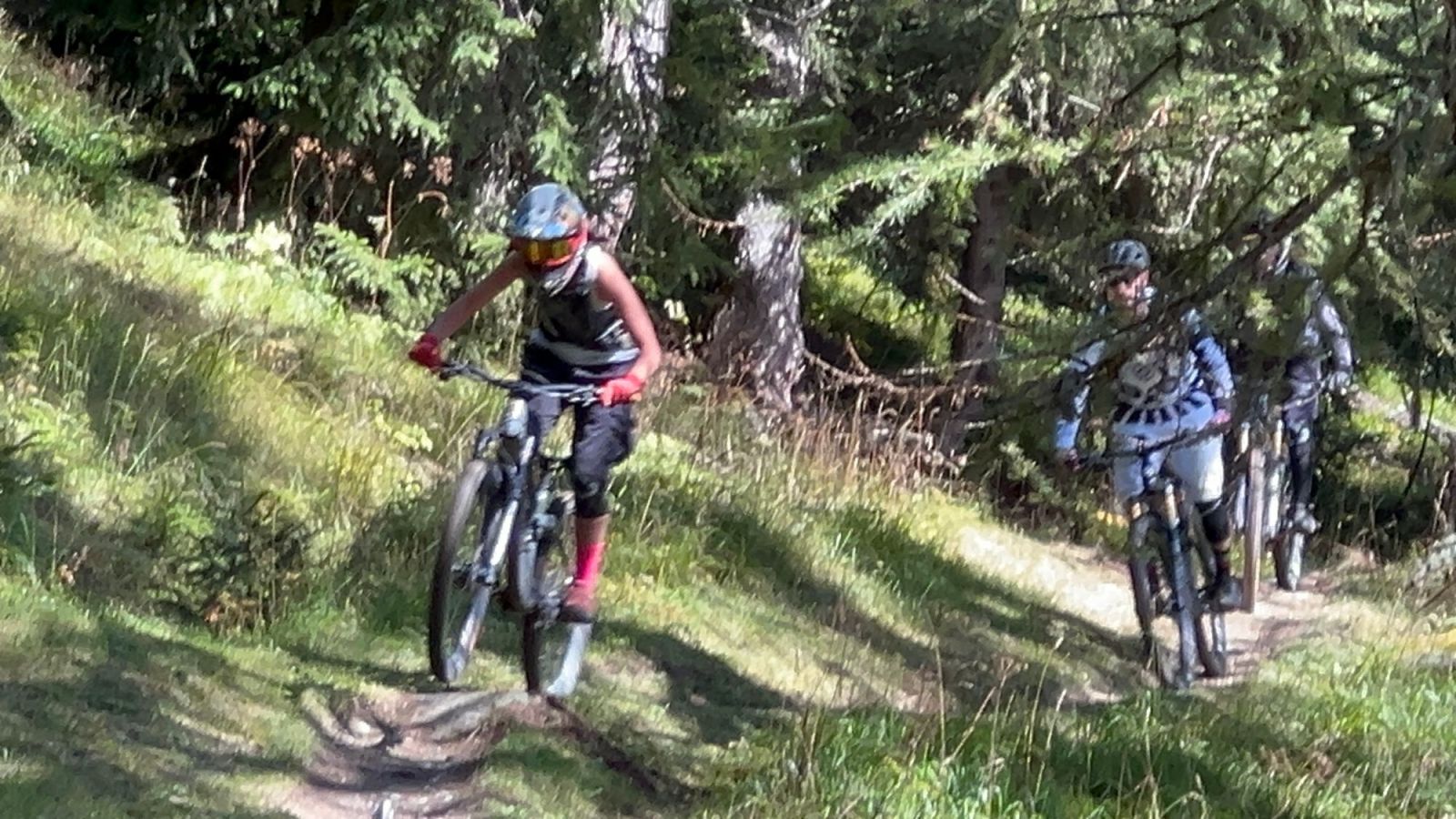 Group of mountain bikers riding down a forest singletrack during a shuttle day in Valais