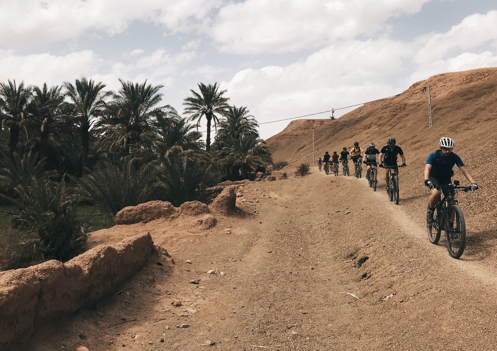 Eine Reihe von Bikern mit MTB und E-Bike auf einer Piste entlang eines Palmenhains, Reise Zagoride in Marokko mit Exoride