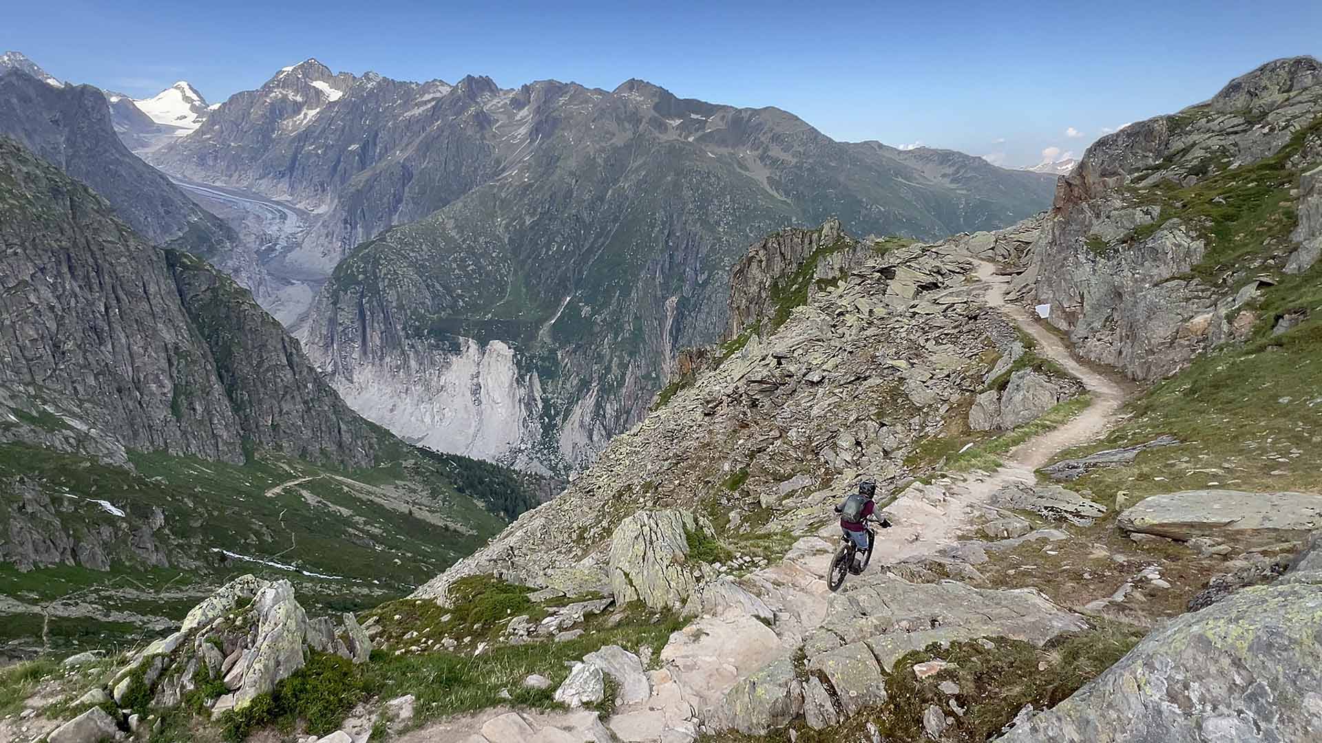 Guided MTB tour at the Aletsch glacier: 4'750 m of descent facing the longest glacier in the Alps